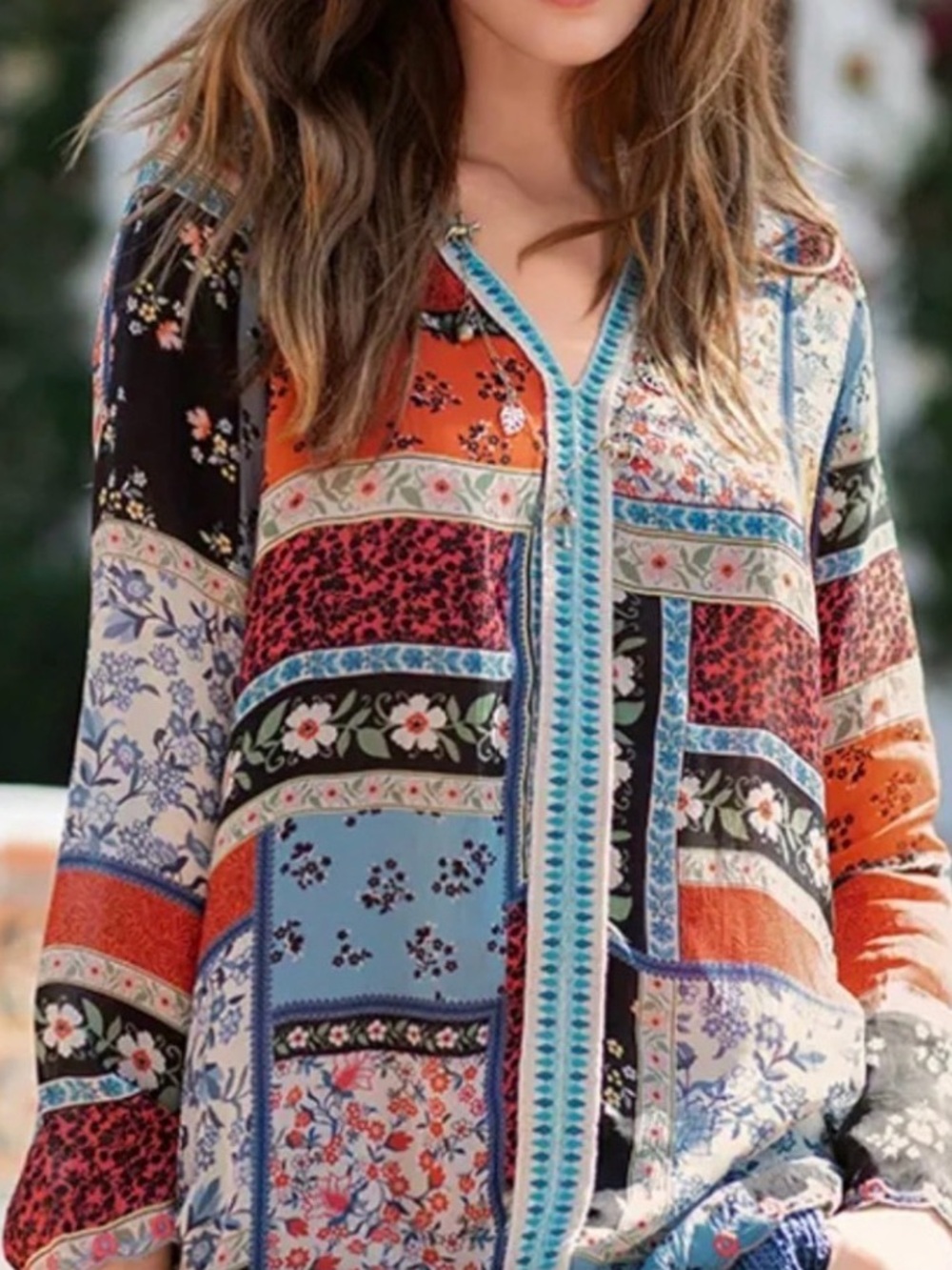 Johnny Was Eulia blouse Size Small. Orange,blue cream Patchwork V-Neck Tunic